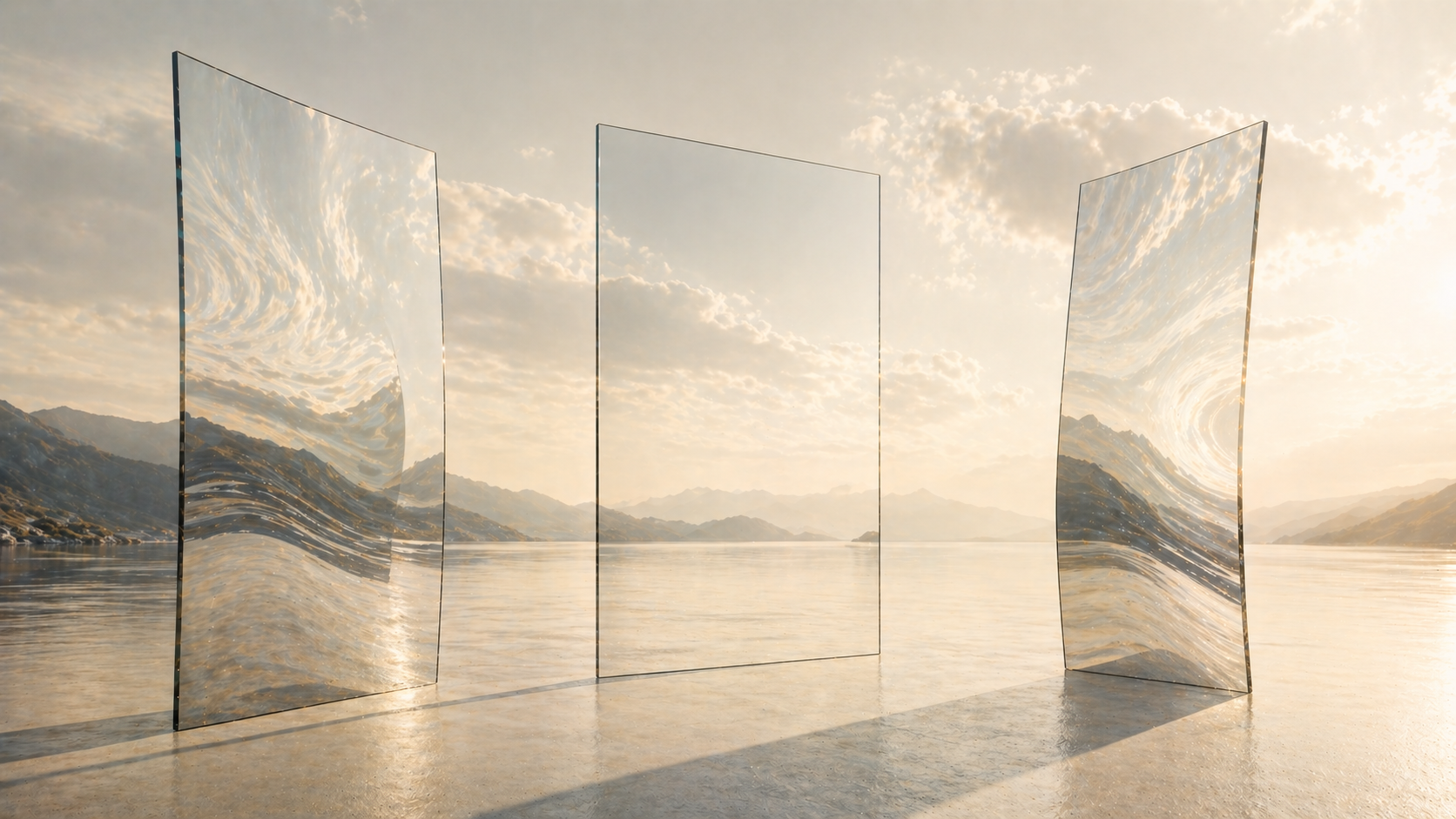 A minimal, softly lit scene of overlapping glass panels