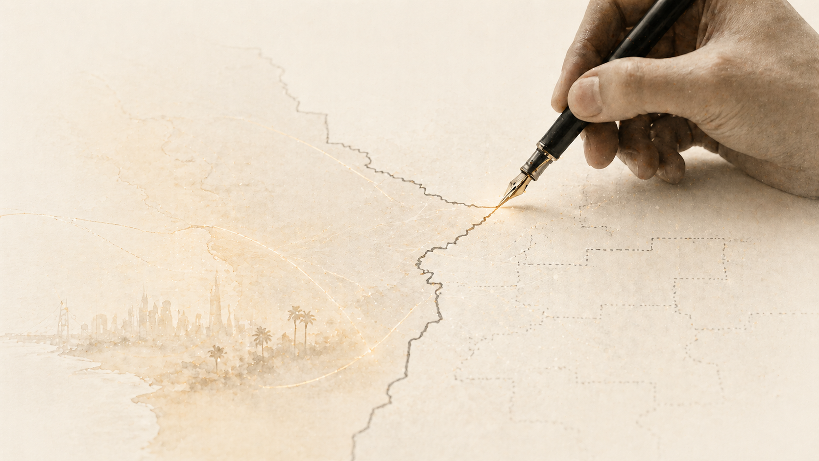 A hand holding a pen poised over a map, about to redraw a boundary line